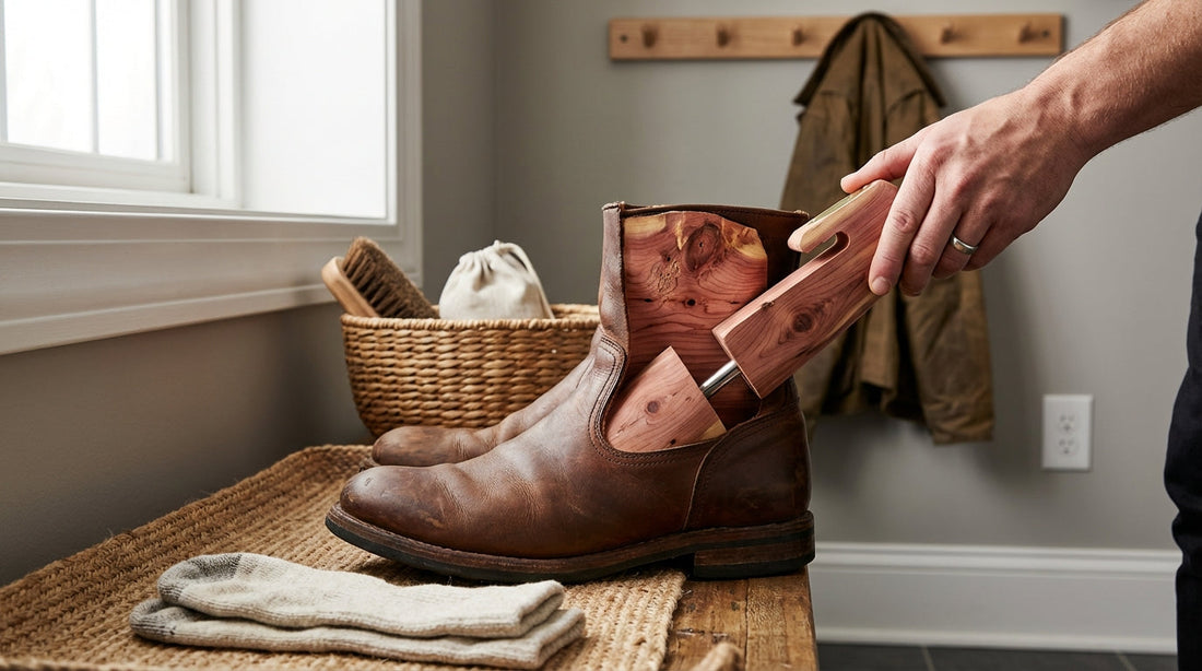 Brown leather electrician boots with aromatic cedar shoe trees on a wooden mudroom bench
