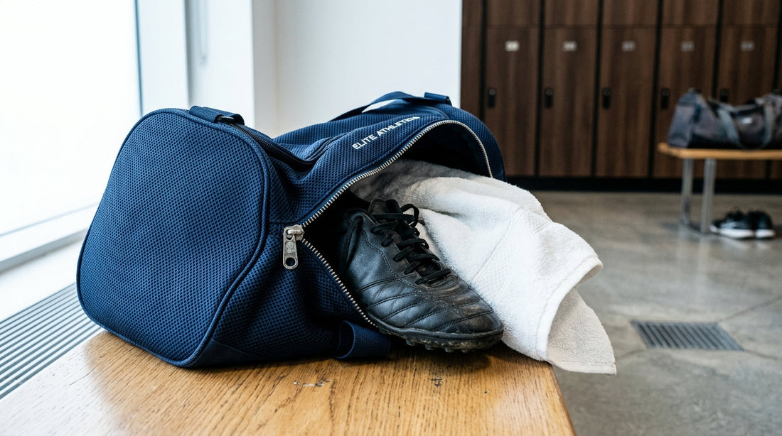 An open professional gym bag on a wooden locker room bench with soccer cleats and an athletic towel.