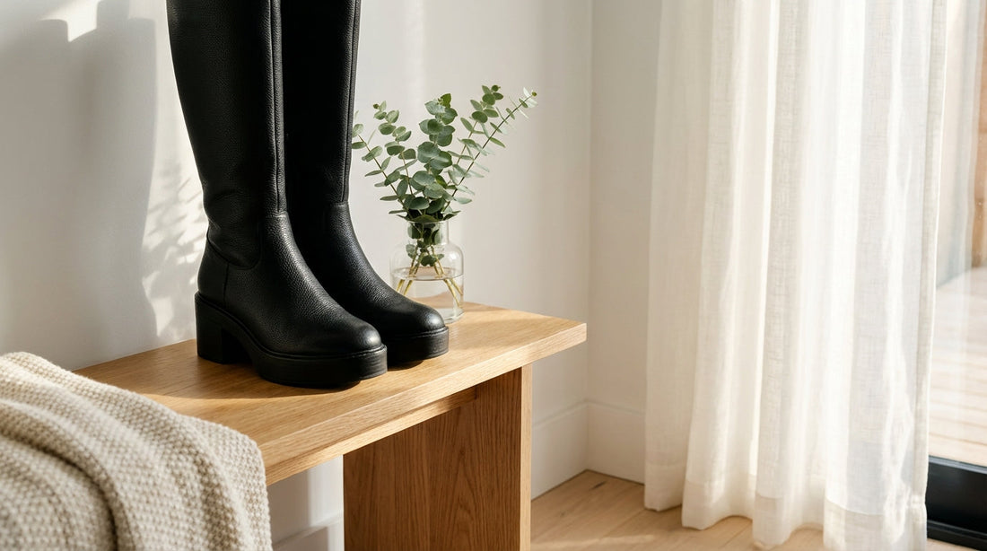 A pair of tall black leather platform boots sitting on a light oak bench by a sunlit window with a sprig of fresh eucalyptus nearby.