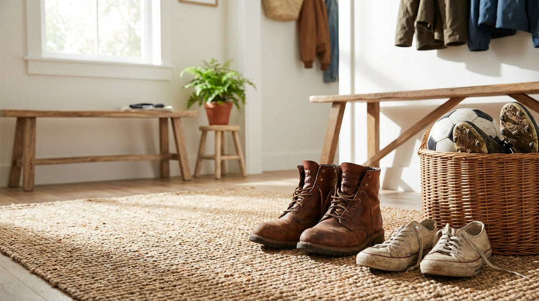 Leather work boots and canvas sneakers sitting on a sunlit jute rug in a tidy mudroom entryway.