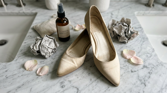 Pointed-toe satin flats, a sheet of newspaper, and a glass spray bottle on a marble dressing table for odor treatment.