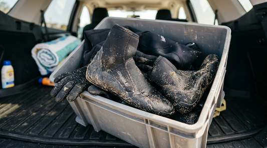 Sandy neoprene surf booties tossed haphazardly in a plastic bin inside a car trunk to show the source of saltwater shoe odor.