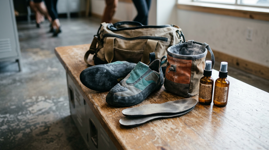 A climbing gym bag on a wooden bench with aggressive climbing shoes, a chalk bag, and shoe care bottles.