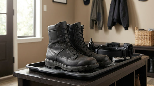 Black leather tactical boots and a professional duty belt resting on a wooden bench in a clean entryway.