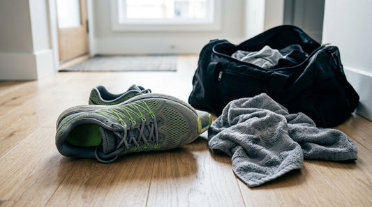 A pair of synthetic mesh running shoes kicked off on a hardwood floor next to a damp workout towel and an unzipped gym bag.
