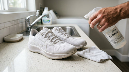 White synthetic running shoes on a laundry room counter next to a cleaning cloth and a generic spray bottle, illustrating the use of chlorine cleaner for shoes.