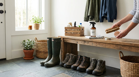 A clean mudroom entryway with tall rubber rain boots and leather work boots on a wooden bench under natural window light.