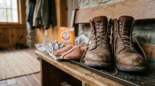 An arrangement of leather work boots, a box of baking soda, and cedar shoe trees on a mudroom bench.