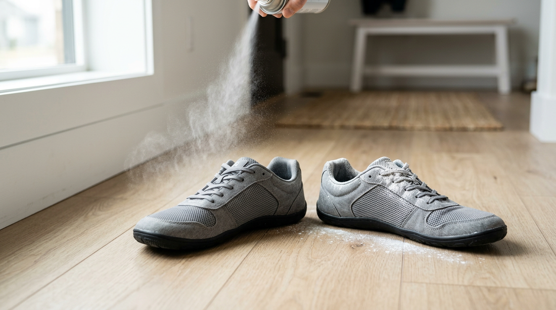 Side-by-side comparison of spray and powder being applied to minimalist barefoot shoes on a light wood floor.