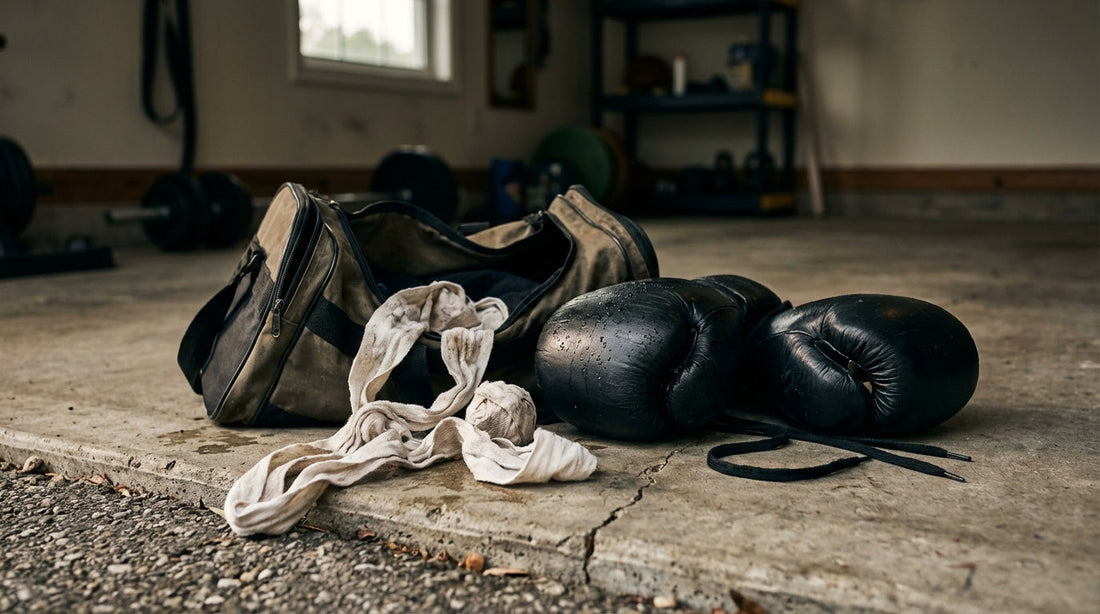 Worn boxing gloves and crumpled hand wraps spilled out of a gym bag on a concrete floor.