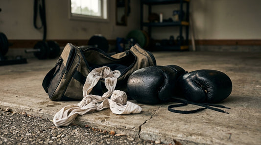 Worn boxing gloves and crumpled hand wraps spilled out of a gym bag on a concrete floor.