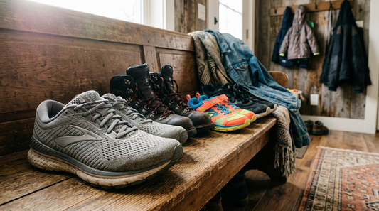 A family's collection of shoes including leather boots and mesh sneakers on a wooden bench, evoking the need for an aluminum free shoe freshener.
