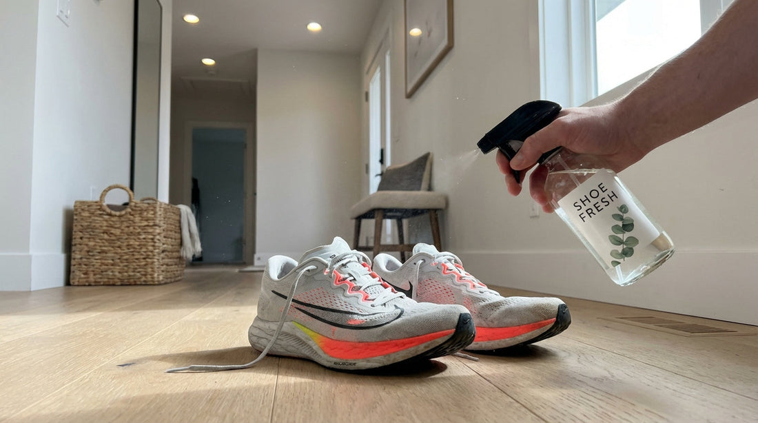 Worn running shoes resting on a bright, clean mudroom floor during a sunny morning.