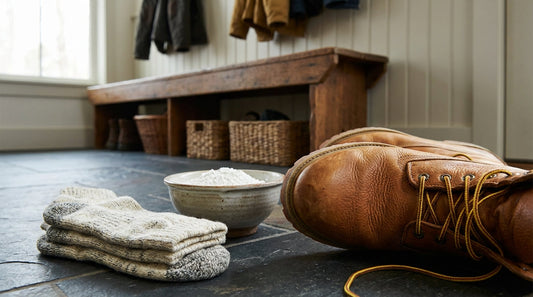 Tan leather construction boots with yellow laces sitting next to a pair of thick wool socks and a bowl of white powder on a slate floor.