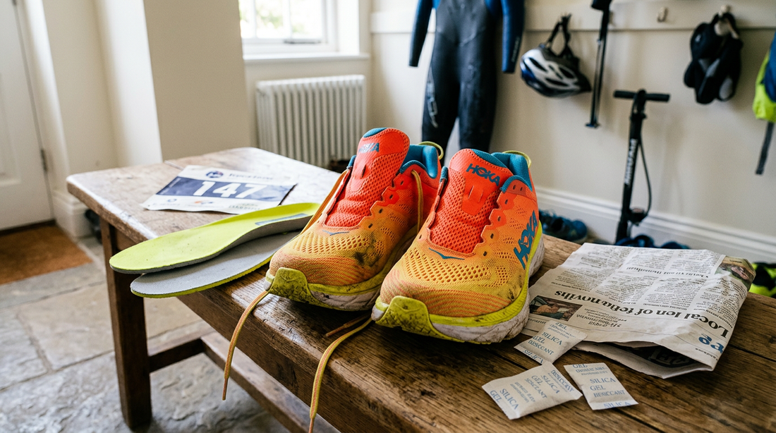 A pair of bright neon triathlon running shoes with insoles removed, resting on a wooden bench next to a crumpled newspaper and a handful of silica gel packets.