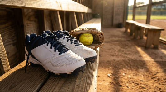 A pair of white and navy softball cleats resting on a weathered wooden dugout bench next to a leather softball glove and a yellow softball.