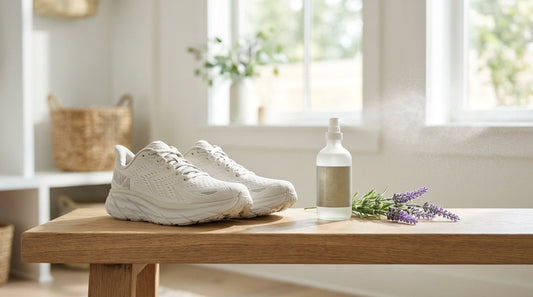 Hoka Clifton 9 sneakers on a wooden bench with a natural spray bottle and lavender sprig
