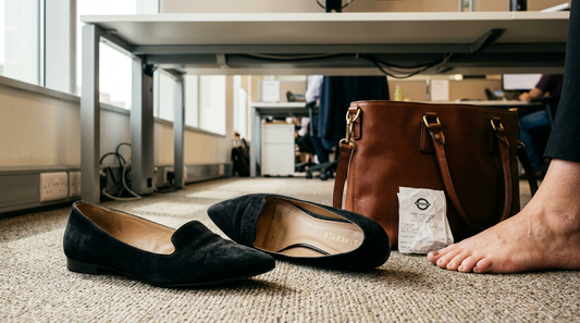A pair of black suede commuter flats kicked off haphazardly under a sleek white office desk next to a structured leather tote and a crumpled transit receipt.