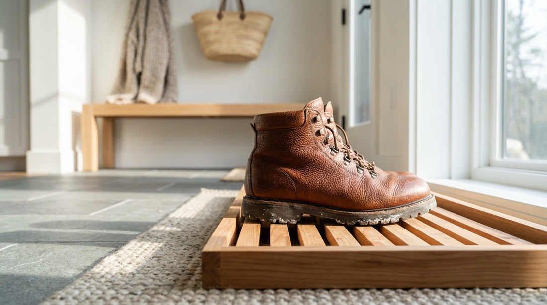 Leather winter boots with salt-crusted soles sitting on a cedar wood boot tray in a sunlit entryway.