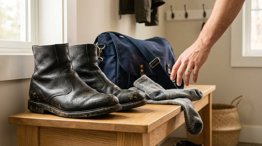 A pair of black leather postal boots next to a navy blue mail carrier bag and wool socks on a wooden bench, providing foot odor relief for mail carriers.