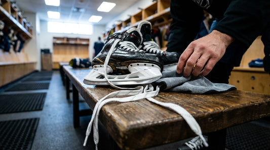 A pair of professional hockey skates with white laces unspooled on a wooden locker room bench, showing the secret to odor-free blades.
