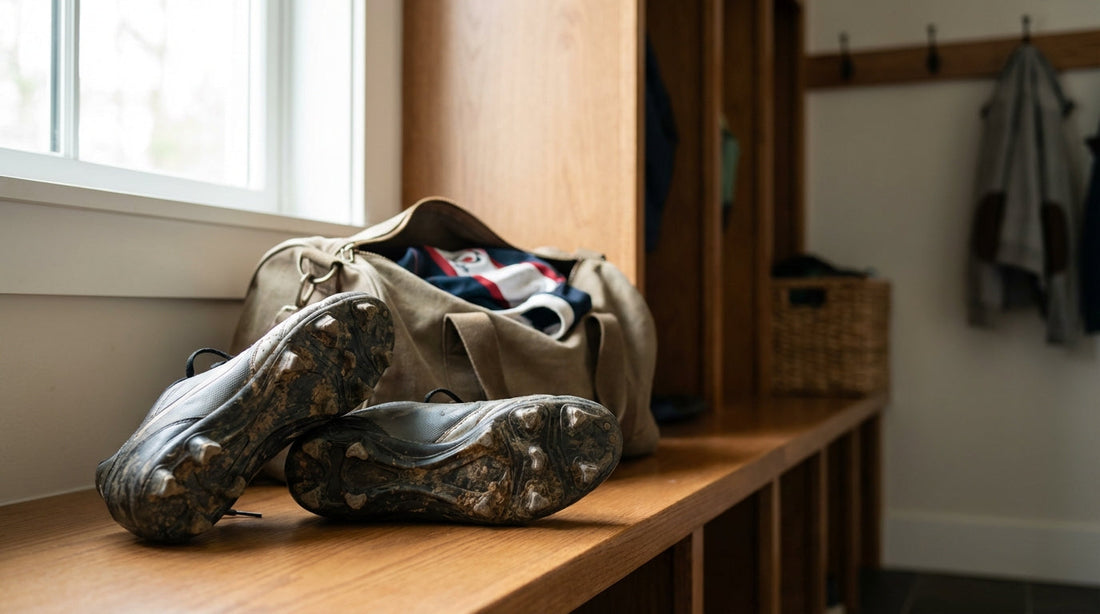 A pair of synthetic rugby cleats with plastic studs sitting on a wooden mudroom bench next to an unzipped sports bag.
