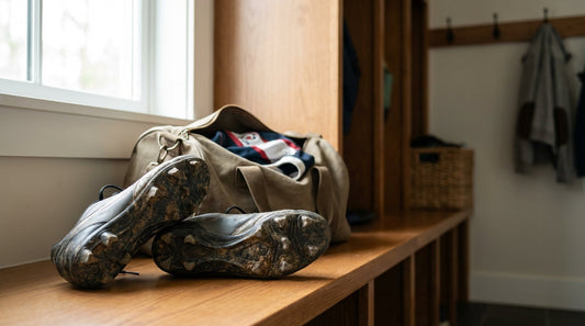 A pair of synthetic rugby cleats with plastic studs sitting on a wooden mudroom bench next to an unzipped sports bag.