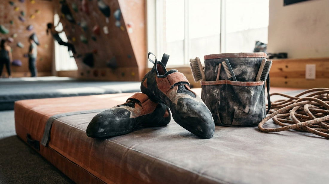 Aggressive downturned climbing shoes and a chalk-covered bouldering bucket on a padded gym mat illustrating 7 weird ways to clean climbing shoes that actually work.