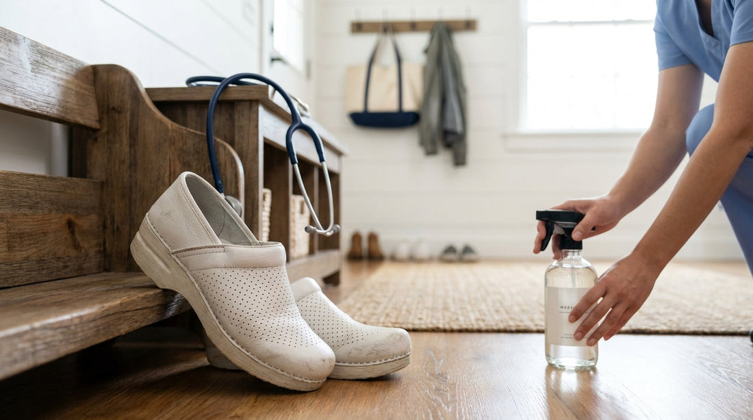 A pair of white nursing clogs and a stethoscope on a wooden entryway bench next to a small glass spray bottle.
