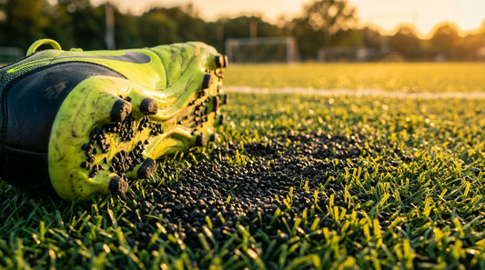A pair of synthetic soccer cleats resting on artificial turf with black crumb rubber pellets visible between the studs.