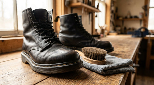 A pair of classic black leather Doc Martens boots on a wooden workbench with a horsehair brush and microfiber cloth nearby.
