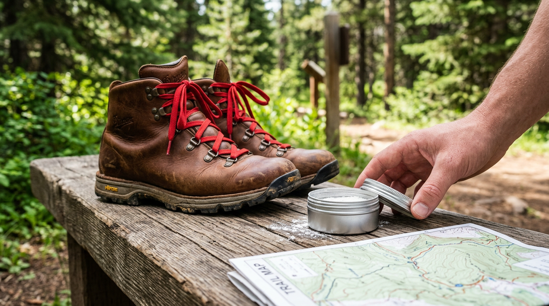 A pair of premium brown leather hiking boots with red laces sitting next to a small metal tin of white powder on a weathered wooden trailhead bench.