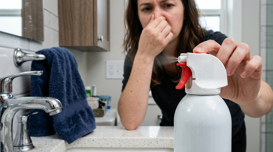 A person covering their nose in a bathroom next to an aerosol spray can and damp towels.