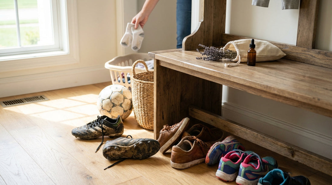 Kids colorful sneakers and soccer cleats scattered naturally in a bright home entryway mudroom.