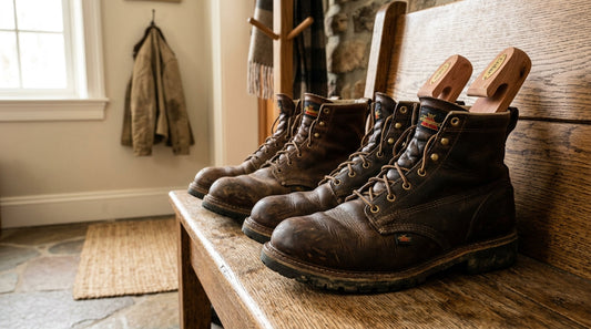 Two pairs of heavy-duty leather work boots resting on a wooden mudroom bench with cedar shoe trees inserted into one pair.