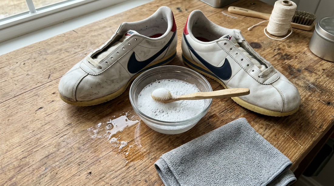 A flatlay of vintage sneakers, a bowl of soapy water, a microfiber cloth, and a soft toothbrush on a wooden surface.