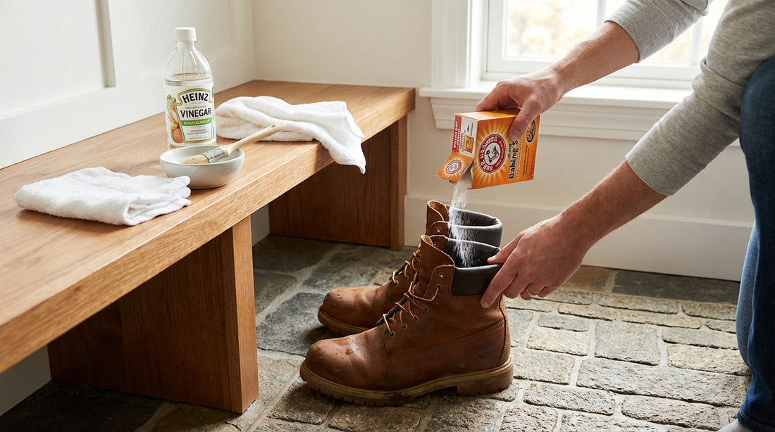 Heavy-duty leather work boots sitting on a stone entryway floor near a muddy doormat, highlighting the need for deep cleaning.