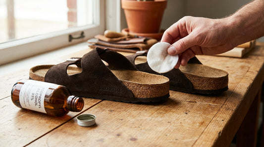 Birkenstock Arizona sandals next to a bottle of isopropyl alcohol and a cotton pad on a wooden table