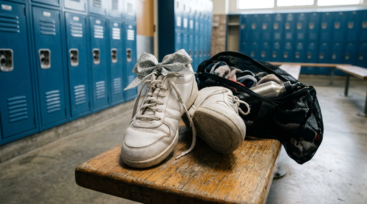 A pair of white synthetic cheer shoes sitting on a wooden locker room bench next to a messy gym bag.