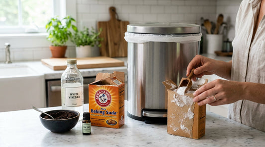 Kitchen trash can next to baking soda, white vinegar, and coffee grounds on a countertop.