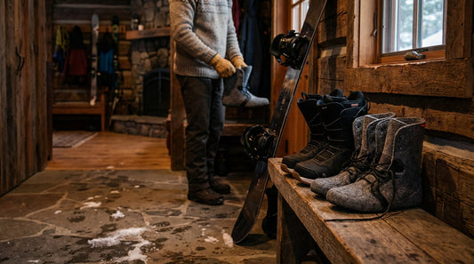 Snowboard boots with liners removed sitting on a rustic wooden bench inside a mountain cabin at dusk