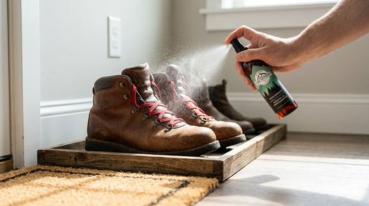 Leather hiking boots on a wooden boot tray with essential oil spray for odor removal