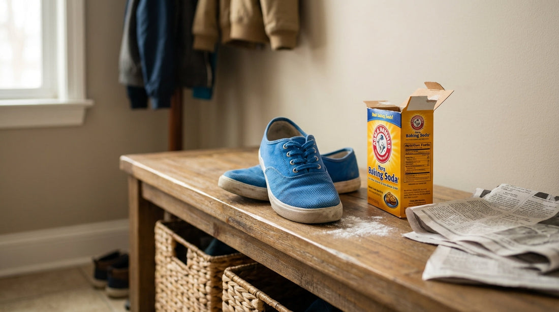 A pair of bright blue kid's sneakers on a wooden mudroom bench next to a box of baking soda and crumpled newspaper.
