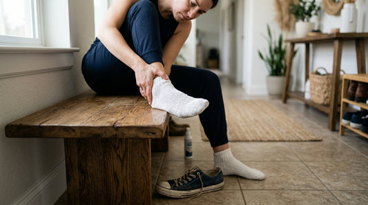 A person sitting on an entryway bench deciding whether to treat foot or shoe first to stop odor.