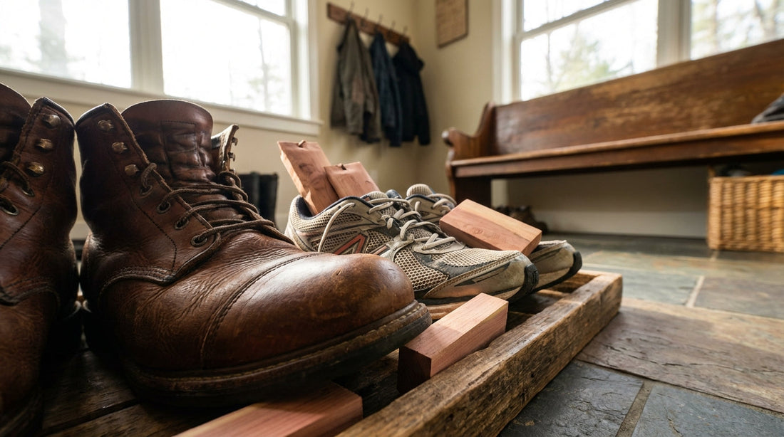 Leather work boots and athletic sneakers on a mudroom bench with cedar wood inserts nearby.