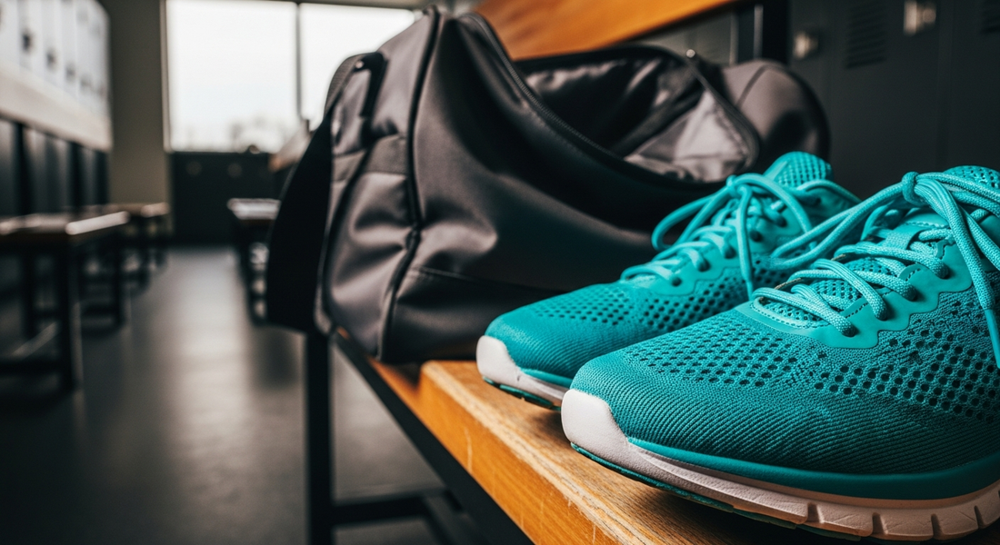 Brightly colored synthetic mesh running shoes resting on a gym bench next to an open workout bag.