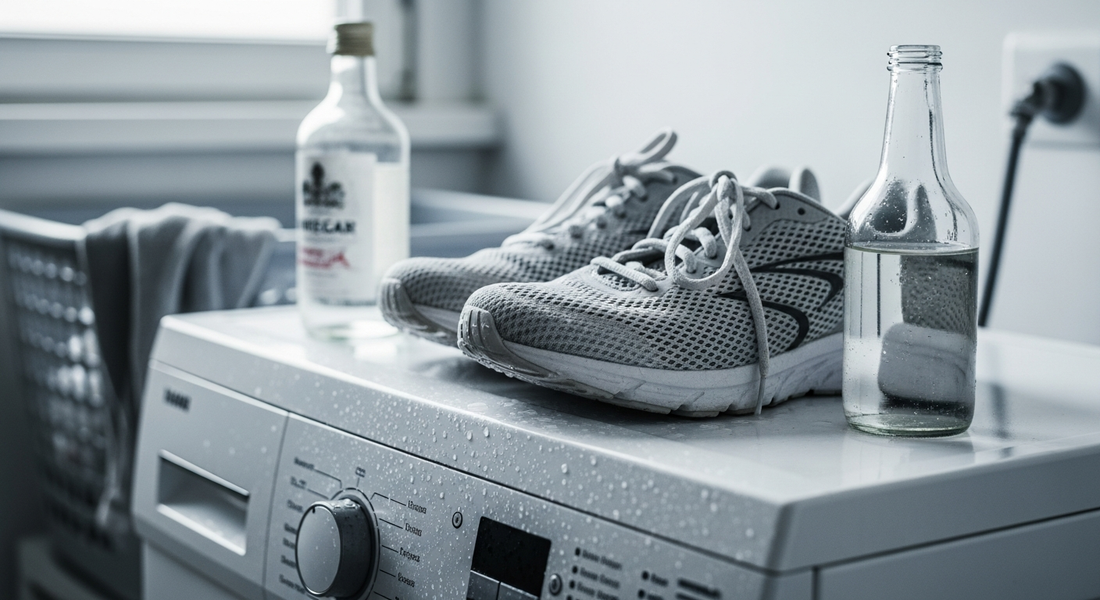 Damp mesh running shoes sitting on top of a white front-loading washing machine next to a bottle of white vinegar.