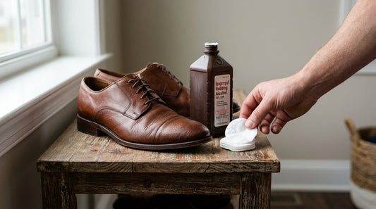 Brown leather dress shoes sitting on a wooden table next to a bottle of rubbing alcohol and cotton pads.