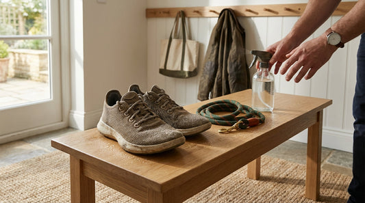 Professional walking shoes, a dog leash, and a spray bottle on a mudroom bench.