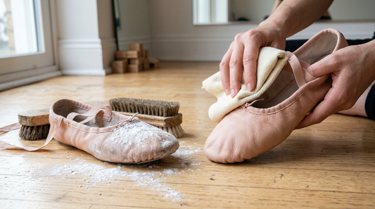 A side-by-side comparison of a leather ballet shoe covered in white baking soda powder versus a clean shoe with a soft cloth.